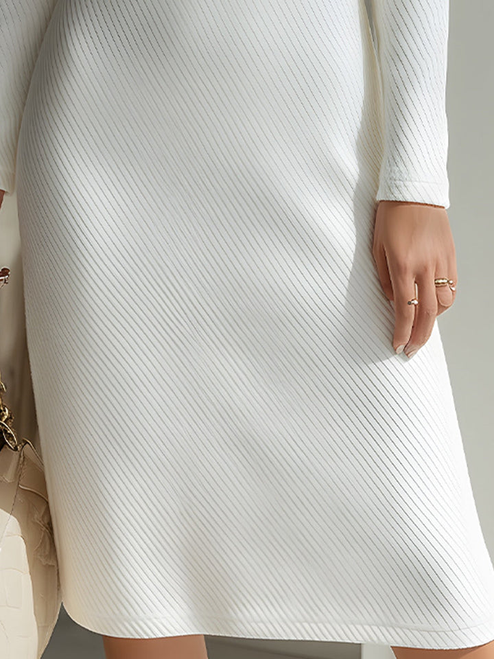 Textured White Ribbed Zip-Collar Midi Dress