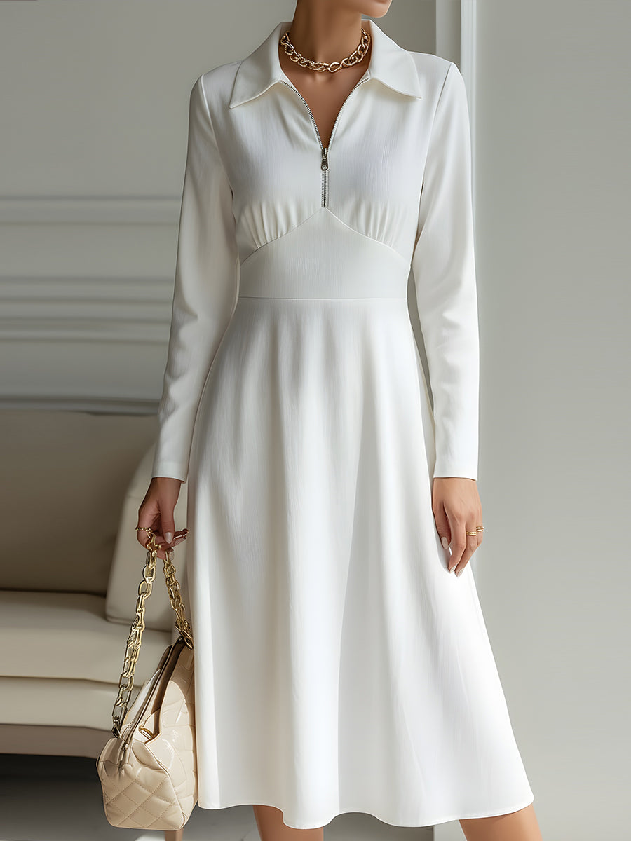 White Long-Sleeve Zip-Collar A-Line Midi Dress