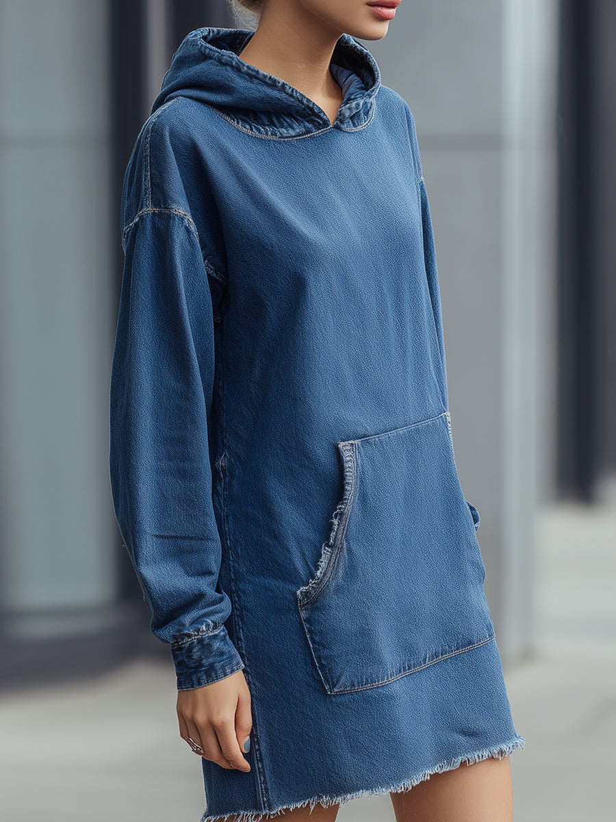 Denim Blue Frayed Hem Hoodie Dress