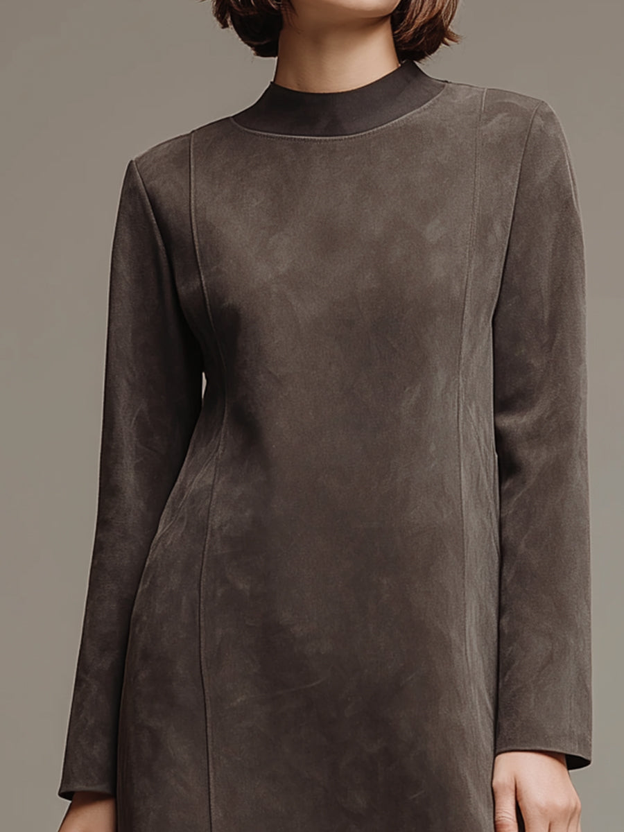 Taupe Suede Long-Sleeve Mini Dress