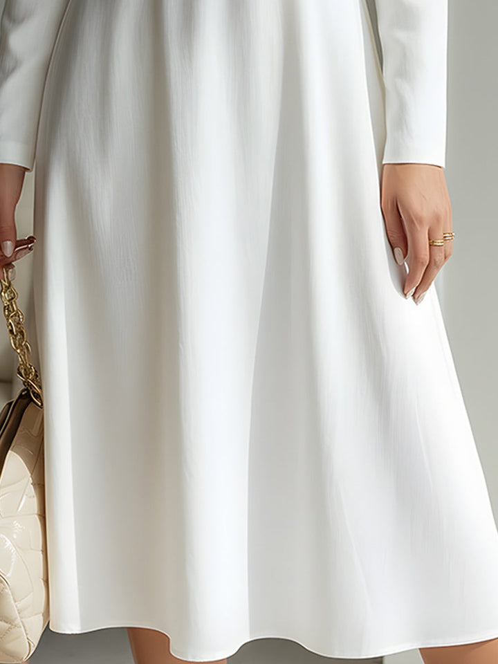White Long-Sleeve Zip-Collar A-Line Midi Dress