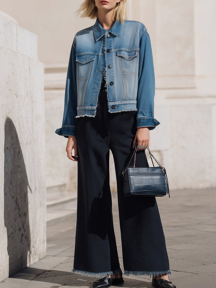 Light Blue Cropped Denim Jacket And Wide-Legged Denim Trousers Set