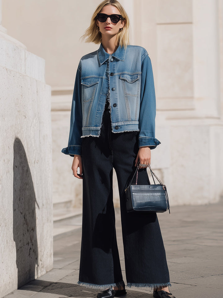 Light Blue Cropped Denim Jacket And Wide-Legged Denim Trousers Set