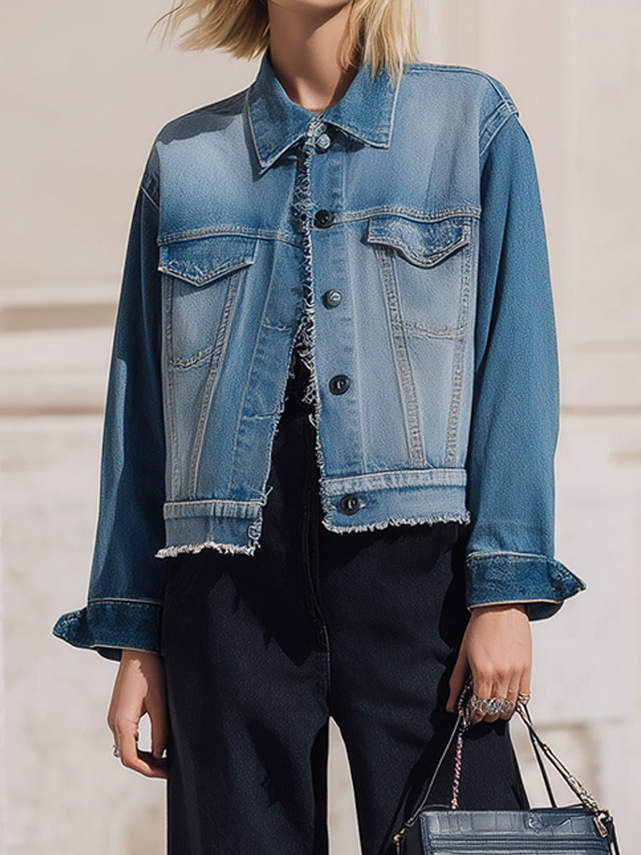 Light Blue Cropped Denim Jacket And Wide-Legged Denim Trousers Set