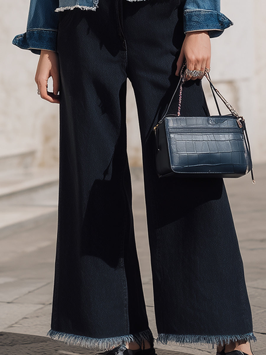 Light Blue Cropped Denim Jacket And Wide-Legged Denim Trousers Set