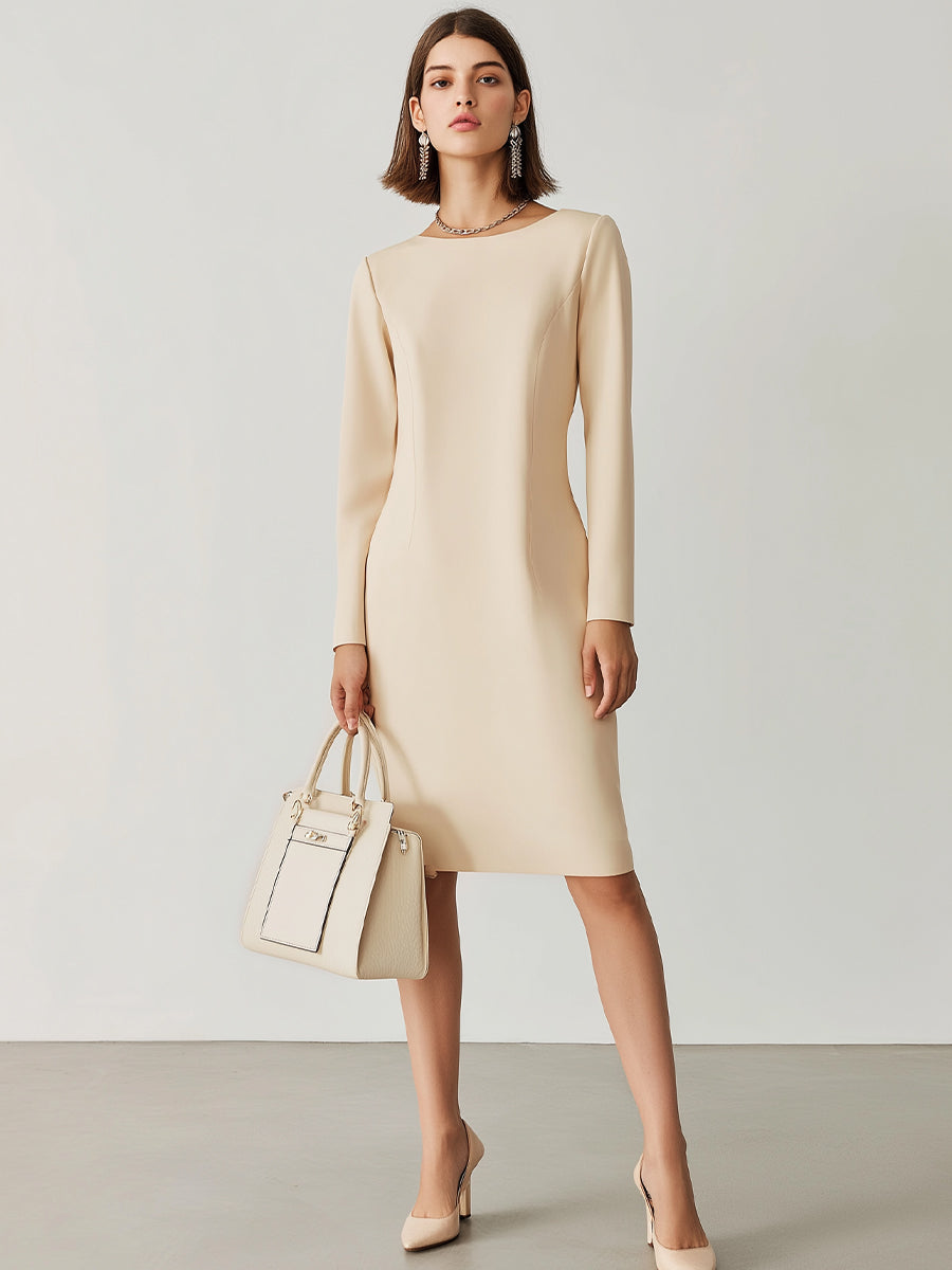 Elegant Cream Long-Sleeve Sheath Dress