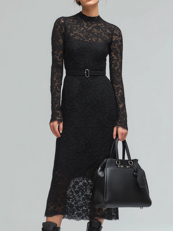 Black Lace Long-Sleeve Midi Dress With Belt