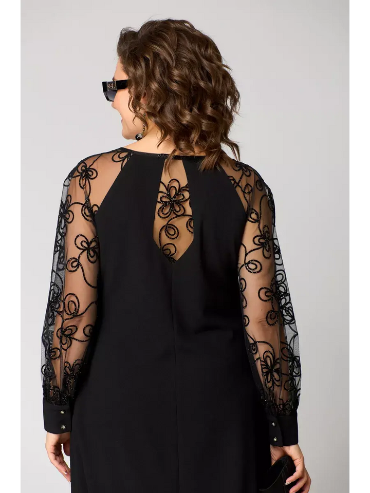 Lidia - Elegant A-Line Dress with Sheer Embroidered Sleeves