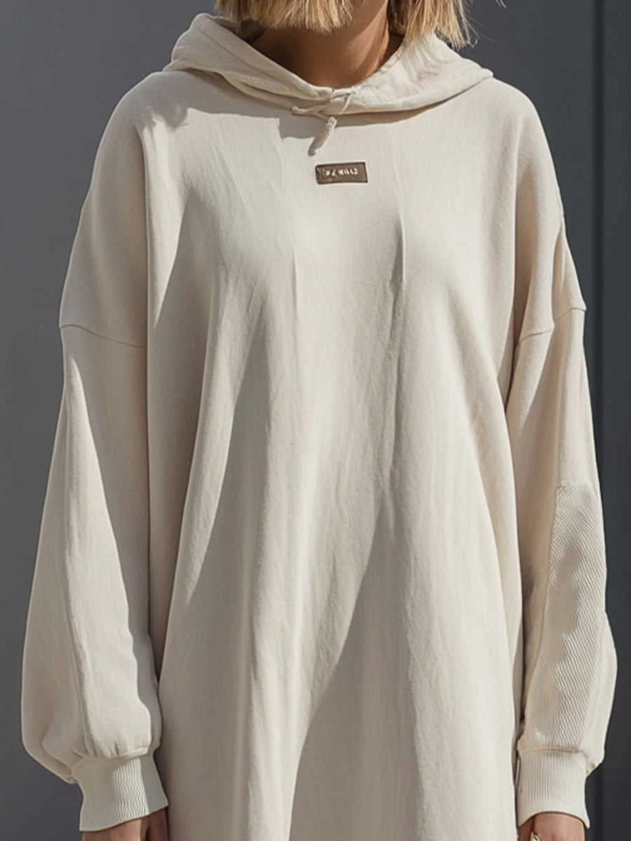 Beige Oversized Frayed Hem Hoodie Dress