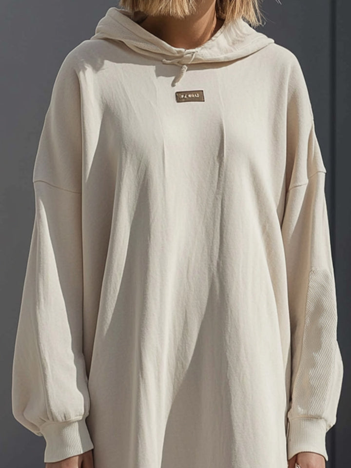 Beige Oversized Frayed Hem Hoodie Dress