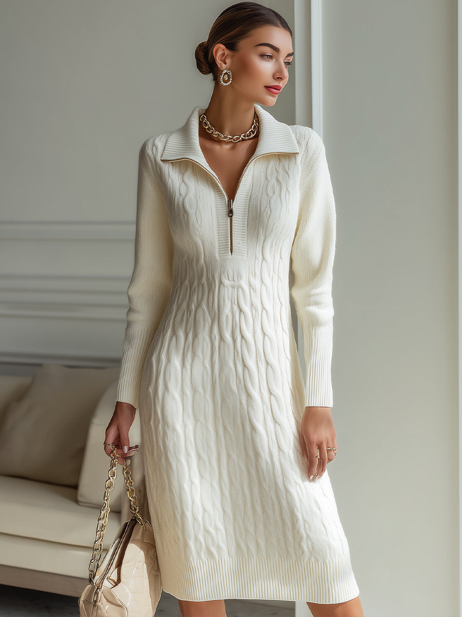 Elegant Zip-Front Knitted Sweater Dress In Ivory