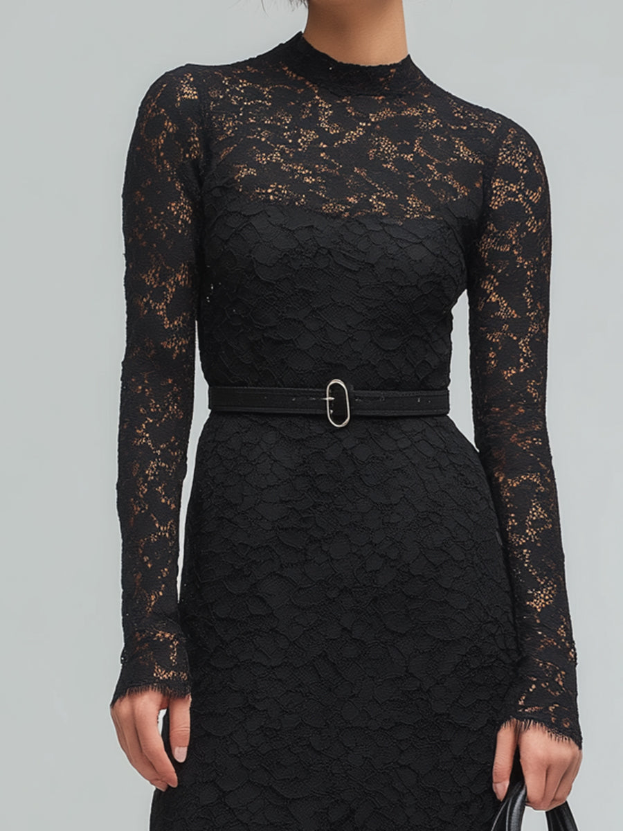 Black Lace Long-Sleeve Midi Dress With Belt