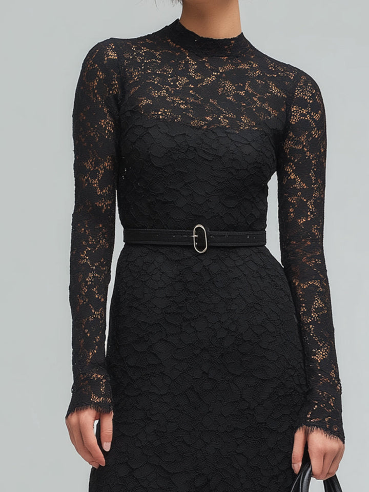 Black Lace Long-Sleeve Midi Dress With Belt