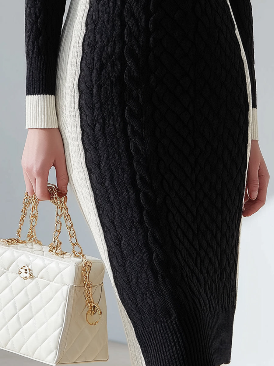 Black And White Contrast Cable Knit Zip-Collar Midi Dress