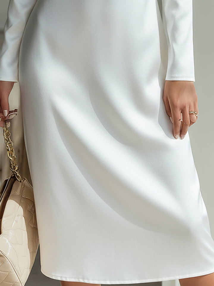 Satin-Effect Ivory Zip-Collar Fitted Midi Dress