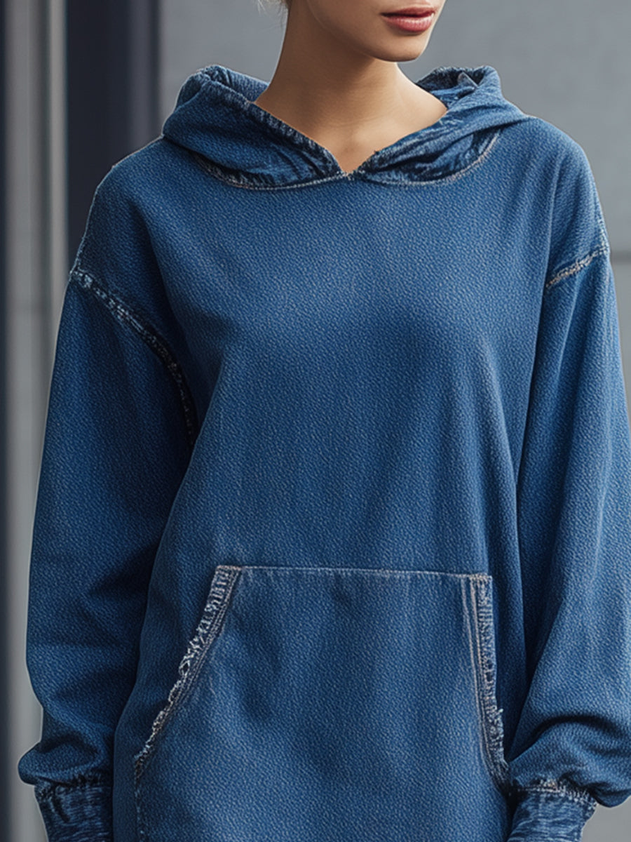 Denim Blue Frayed Hem Hoodie Dress