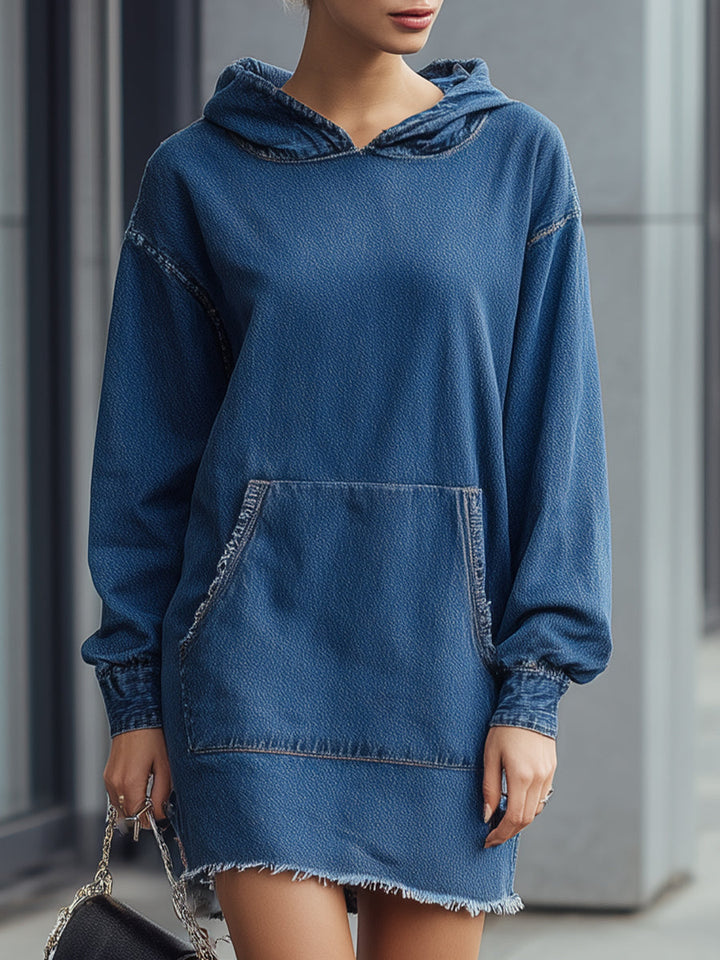 Denim Blue Frayed Hem Hoodie Dress