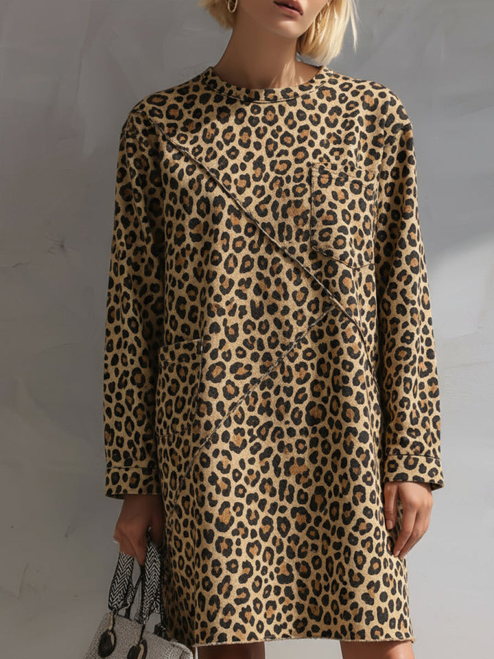 Leopard Print Textured Long-Sleeve Mini Dress