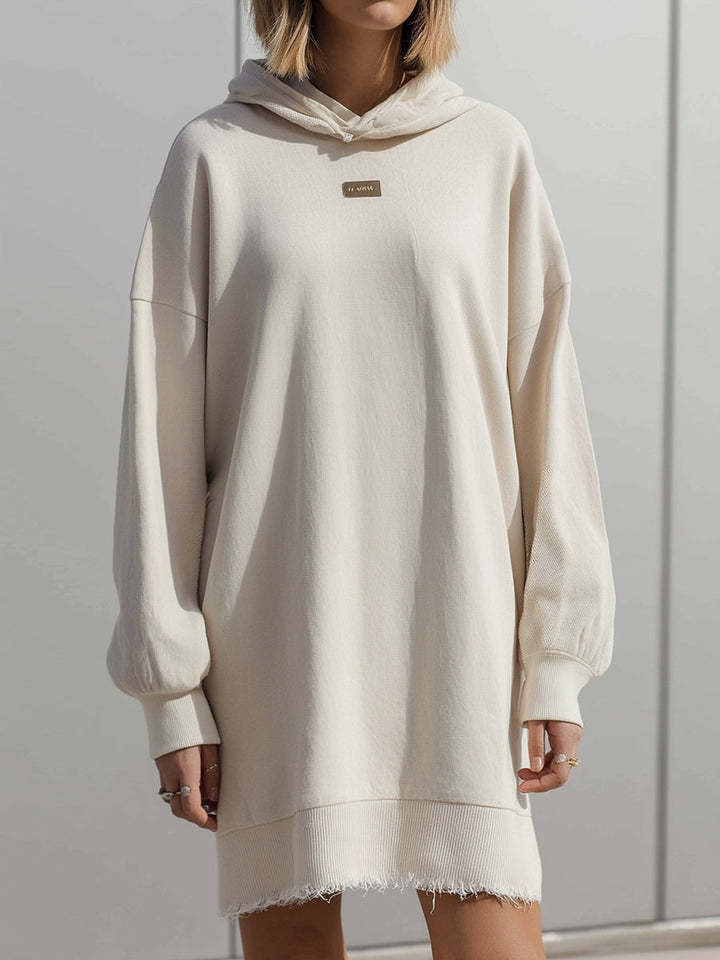 Beige Oversized Frayed Hem Hoodie Dress
