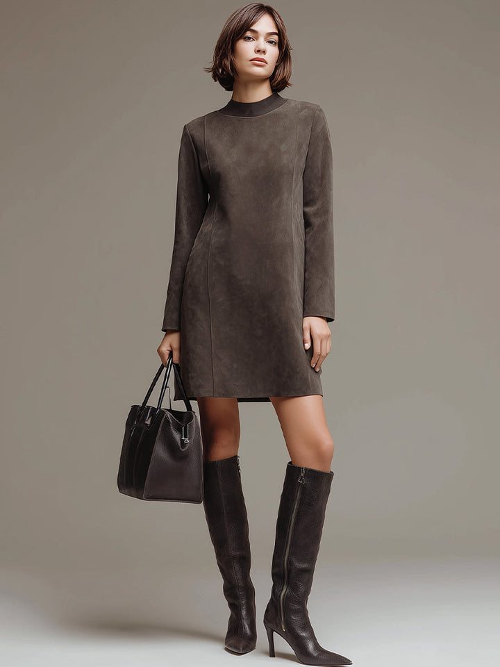Taupe Suede Long-Sleeve Mini Dress