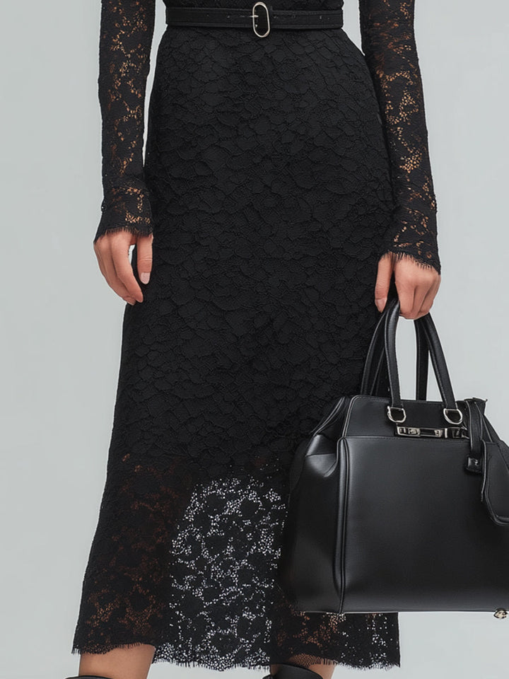Black Lace Long-Sleeve Midi Dress With Belt