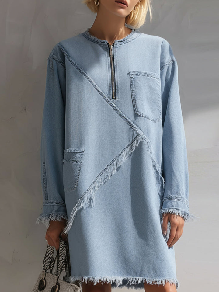 Denim-Inspired Frayed Detail Long-Sleeve Mini Dress