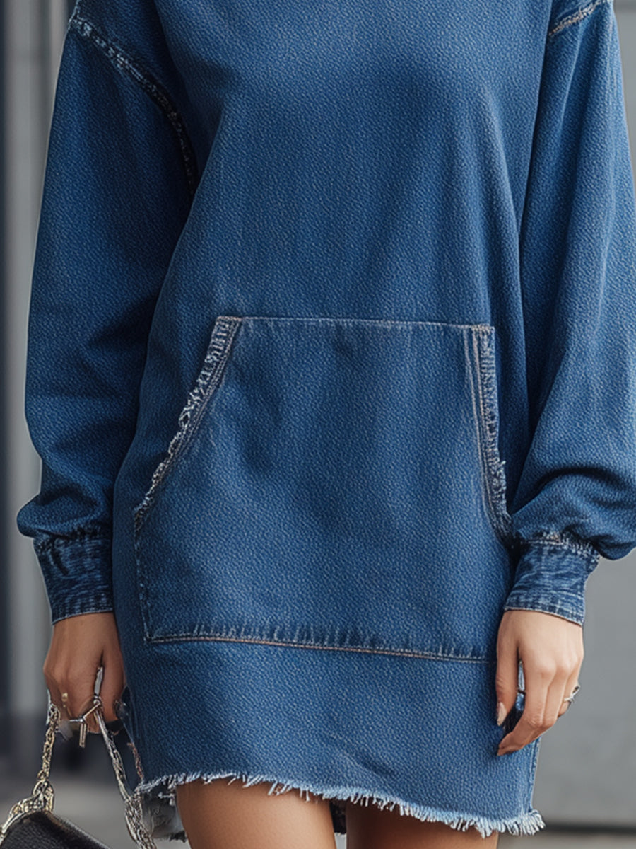 Denim Blue Frayed Hem Hoodie Dress