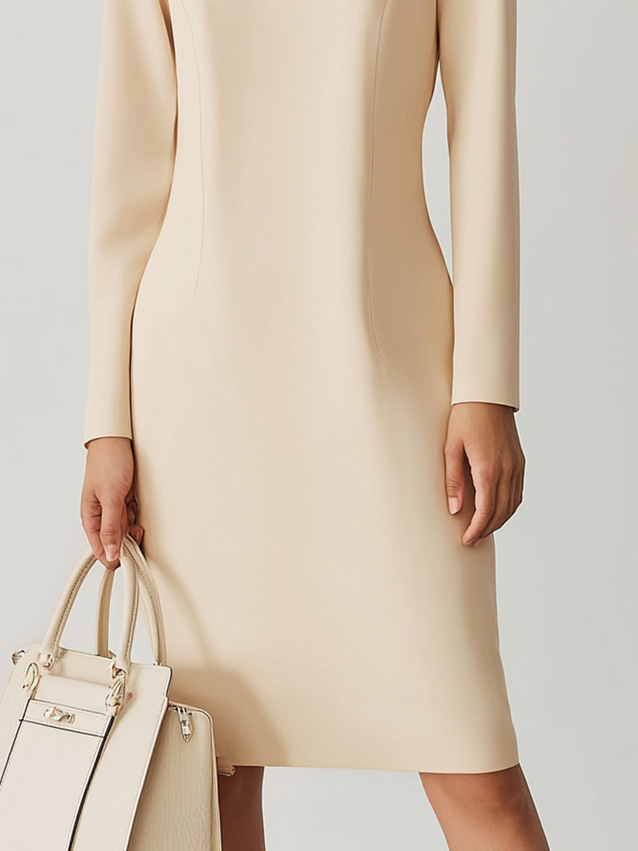 Elegant Cream Long-Sleeve Sheath Dress