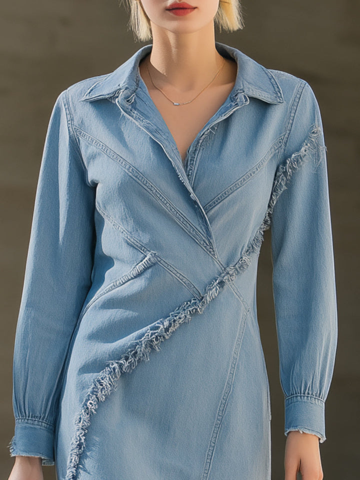 Light Blue Asymmetric Frayed Denim Mini Dress