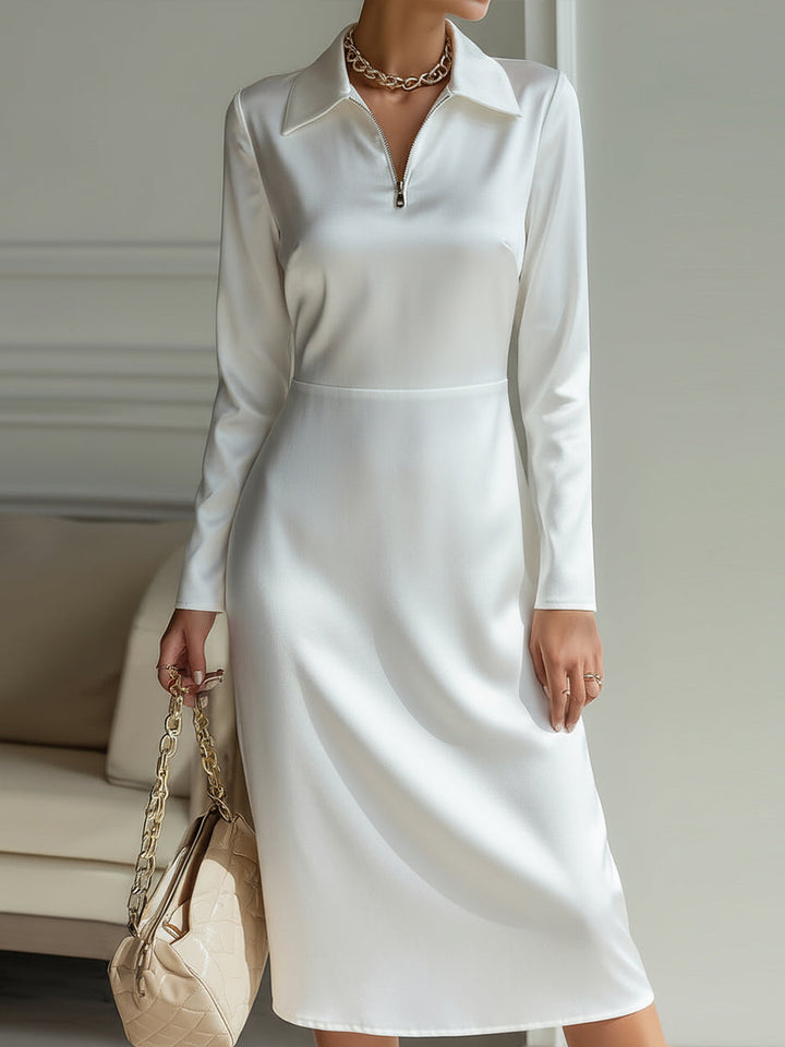 Satin-Effect Ivory Zip-Collar Fitted Midi Dress