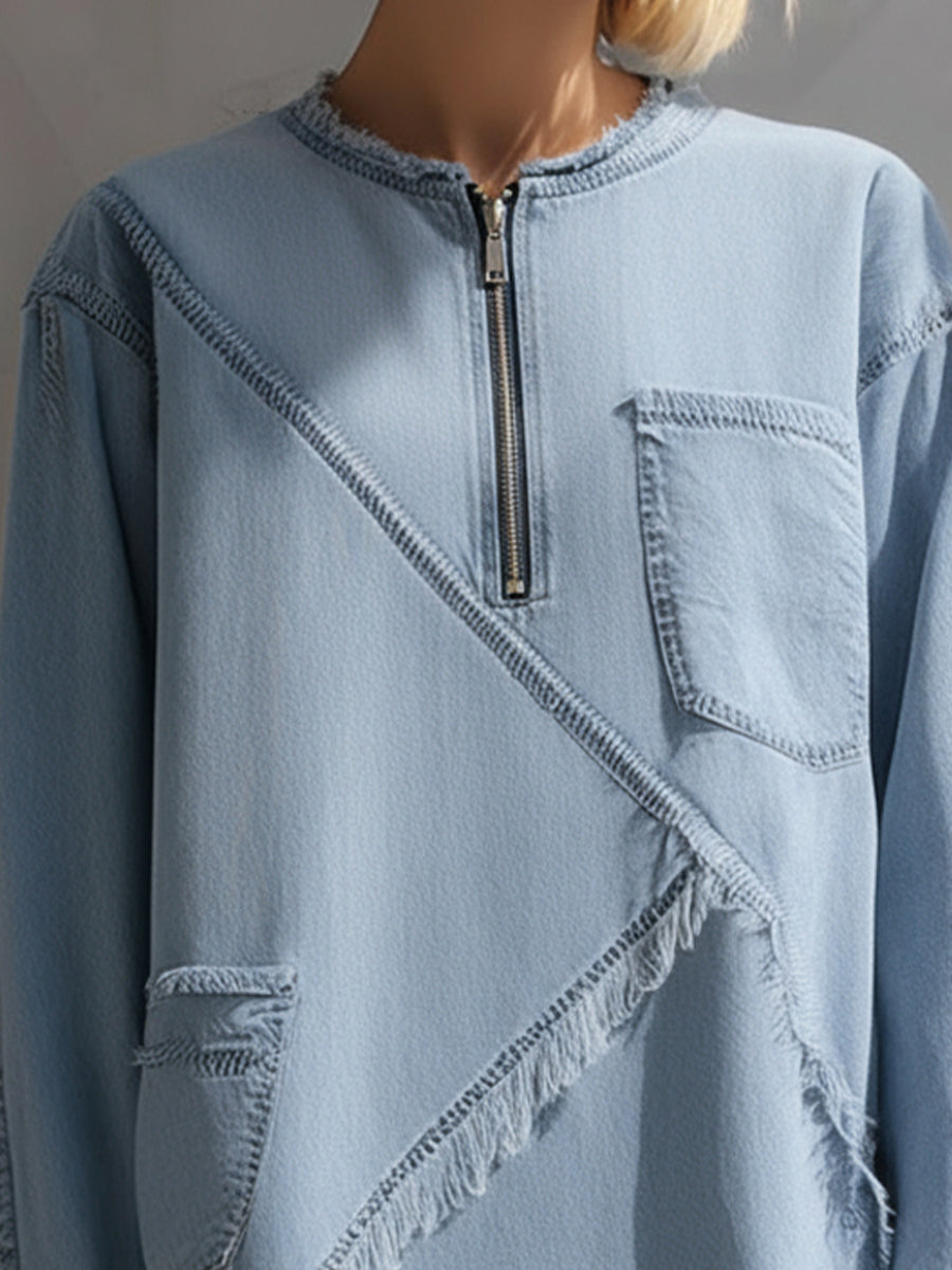 Denim-Inspired Frayed Detail Long-Sleeve Mini Dress