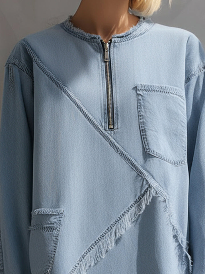 Denim-Inspired Frayed Detail Long-Sleeve Mini Dress
