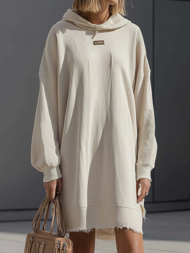 Beige Oversized Frayed Hem Hoodie Dress
