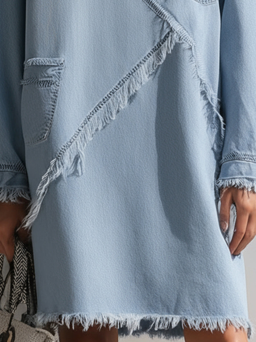 Denim-Inspired Frayed Detail Long-Sleeve Mini Dress