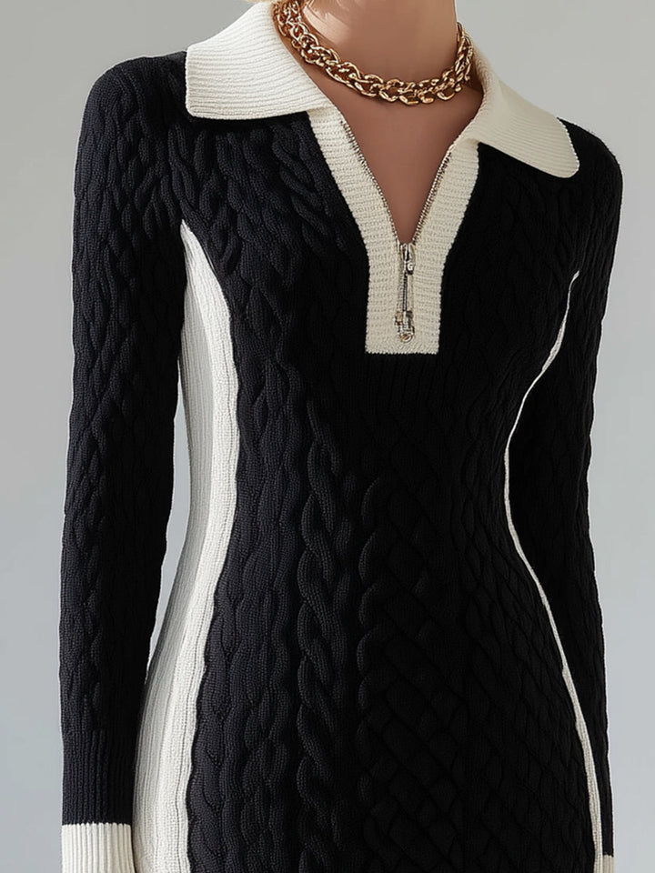 Black And White Contrast Cable Knit Zip-Collar Midi Dress