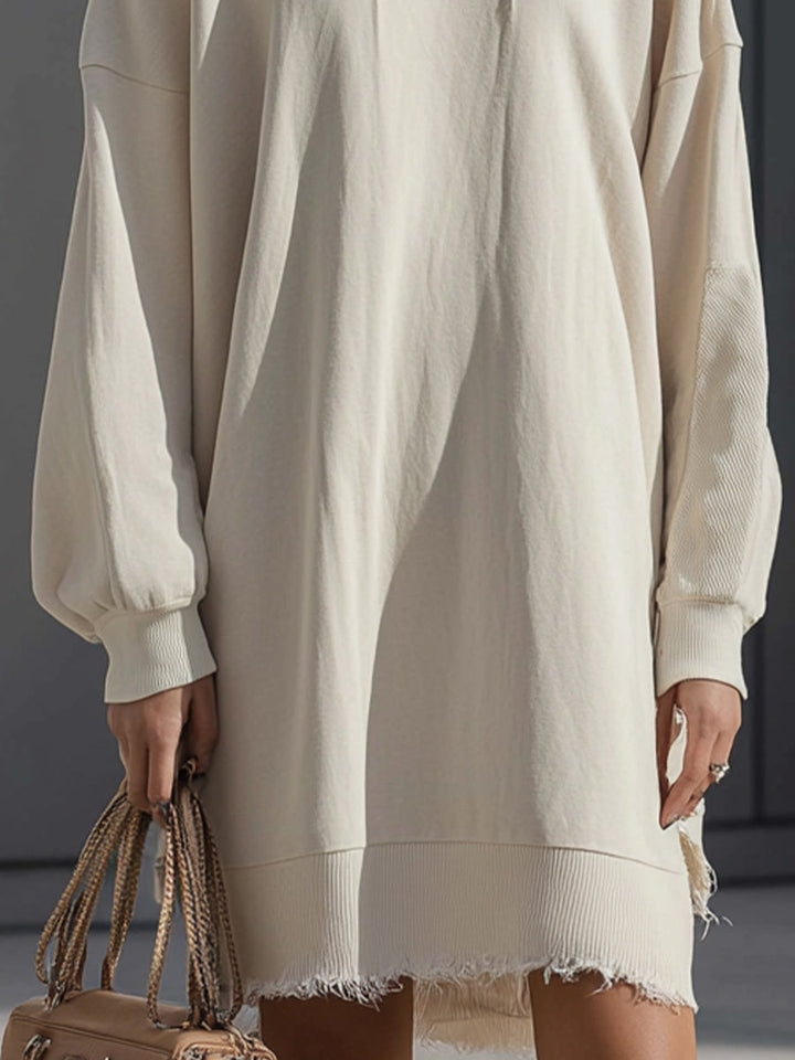 Beige Oversized Frayed Hem Hoodie Dress