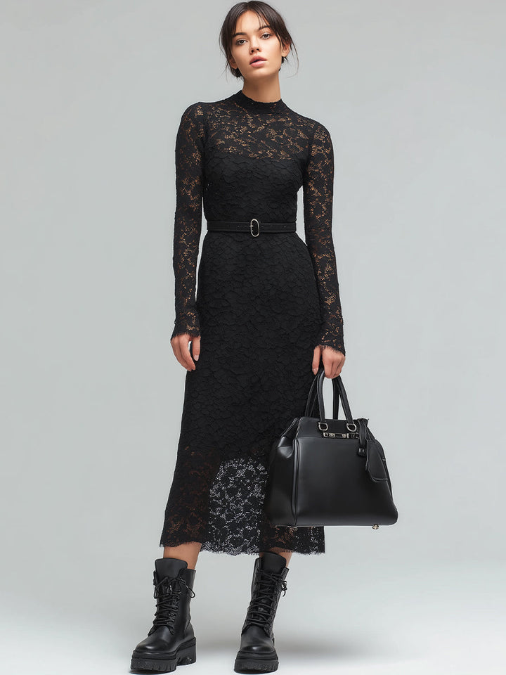 Black Lace Long-Sleeve Midi Dress With Belt
