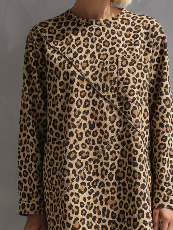 Leopard Print Textured Long-Sleeve Mini Dress